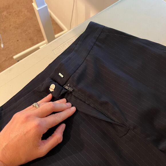 Jason Wu Navy Blue Vertical Pinstripe High Rise Flared Trouser Pants Size 4 - Picture 5 of 15